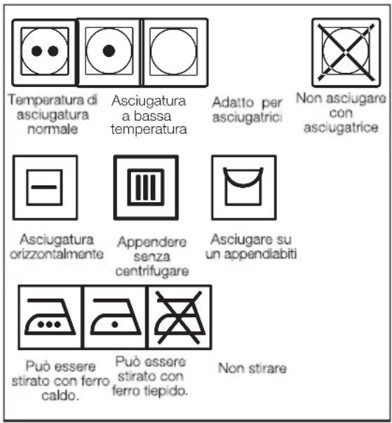 Temperatura di asciugatura normale Asciugatura a bassa temperatura Adatto per asciugatrici Non asciugare con asciugatrice Asciugatura orizzontalmente Appendere senza centrifugare Asciugare su un appendiabiti Può essere stirato con ferro caldo. Può essere stirato con ferro tiepido. Non stirare