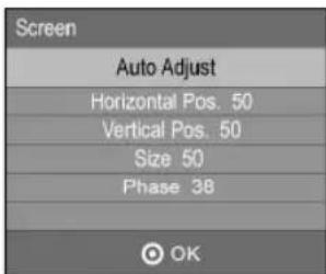 Screen Auto Adjust Horizontal Pos. 50 Vertical Pos. 50 Size 50 Phase 38 OK