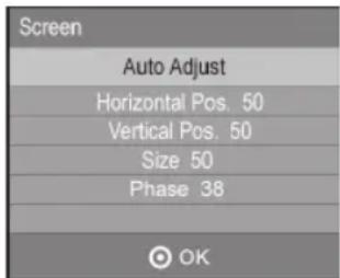 Screen Auto Adjust Horizontal Pos. 50 Vertical Pos. 50 Size 50 Phase 38 OK