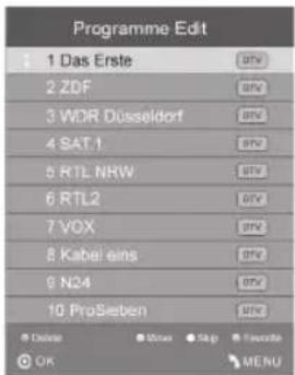 Programme Edit 1 Das Erste 2 ZDF 3 WDR Düsseldorf 4 SAT.1 5 RTL NRW 6 RTL2 7 VOX 8 Kabel eins 9 N24 10 ProSieben Delete Winu Skip Favorite OK MENU