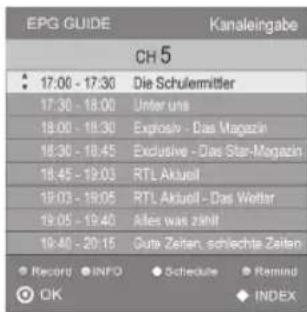 EPG GUIDE Kanaleingabe CH 5 17:00 - 17:30 Die Schulermittler 17:30 - 18:00 Unter uns 18:00 - 18:30 Explosiv - Das Magazin 18:30 - 18:45 Exclusive - Das Star-Magazin 18:45 - 19:03 RTL Aktuell 19:03 - 19:05 RTL Aktuell - Das Welter 19:05 - 19:40 Ales was zähl 19:40 - 20:15 Guts Zeiten, schlechte Zeiten Record INFO Schedule Remind OK INDEX