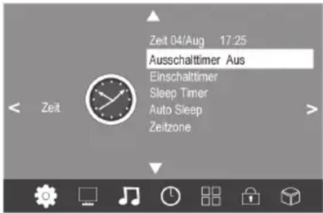 Zeit 04/Aug 17:25 Ausschalttimer Aus Einschalttimer Sleep Timer Auto Sleep Zeitzone