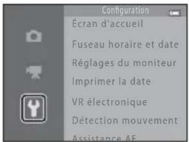 Configuration Écran d'accueil Fuseau horaire et date Réglages du moniteur Imprimer la date VR électronique Détection mouvement Assistance AF