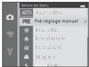 Balance des blancs AUTO Auzambique PRE Pré-réglage manuel Enso laillé Inca nd es ce nt Flu cr ou ce nt Nu ag eux Flash Ee sh