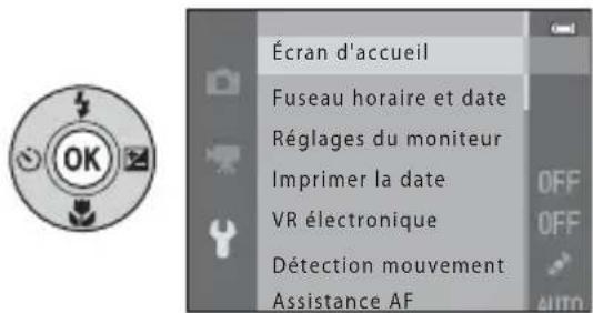 Écran d'accueil Fuseau horaire et date Réglages du moniteur Imprimer la date VR électronique Détection mouvement Assistance AF