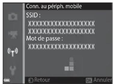 Conn. au périph. mobile SSID : XXXXXXXXXXXXXX XXXXXXXXXXXXXX Mot de passe : XXXXXXXXXXXXXX Retour Annuler