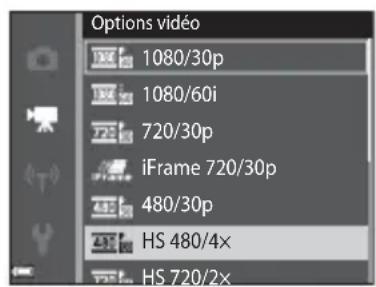 Options vidéo 1080/30p 1080/60i 720/30p iFrame 720/30p 480/30p HS 480/4x HS 720/2x