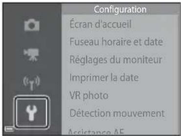 Configuration Écran d'accueil Fuseau horaire et date Réglages du moniteur Imprimer la date VR photo Dêtection mouvement Assistance AF