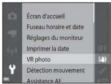 Écran d'accueil Fuseau horaire et date Réglages du moniteur Imprimer la date VR photo Détection mouvement Assistance AF