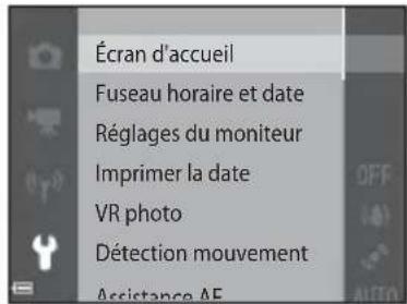 Écran d'accueil Fuseau horaire et date Réglages du moniteur Imprimer la date VR photo Détection mouvement Assistance AF