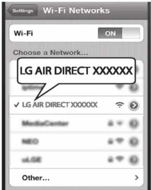 Settings Wi-Fi Networks Wi-Fi ON Choose a Network... LG AIR DIRECT XXXXXX ✓ LG AIR DIRECT XXXXXX MediaCenter NEO uLGE Other... >