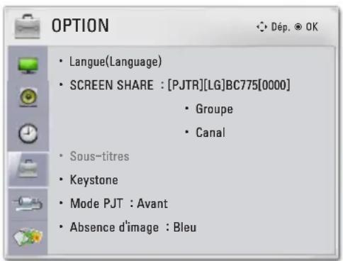 OPTION • Langue(Language) • SCREEN SHARE : [PJTR][LG]BC775[0000] • Groupe • Canal • Sous-titres • Keystone • Mode PJT : Avant • Absence d'image : Bleu