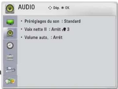 AUDIO • Préréglages du son : Standard • Voix nette II : Arrêt 3 • Volume auto. : Arrêt
