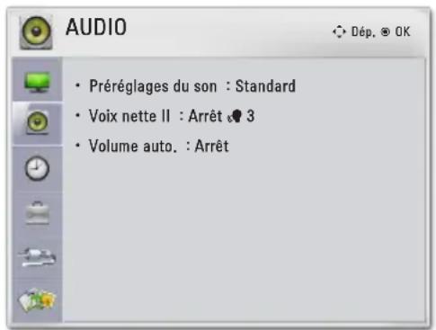 AUDIO • Préréglages du son : Standard • Voix nette II : Arrêt 3 • Volume auto. : Arrêt