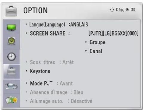 OPTION • Langue(Language) :ANGLAIS • SCREEN SHARE : [PJTR][LG]BG6XX[0000] • Groupe • Canal • Sous-titres : Arrêt • Keystone • Mode PJT : Avant • Absence d'image : Bleu • Allumage auto. : Désactivé