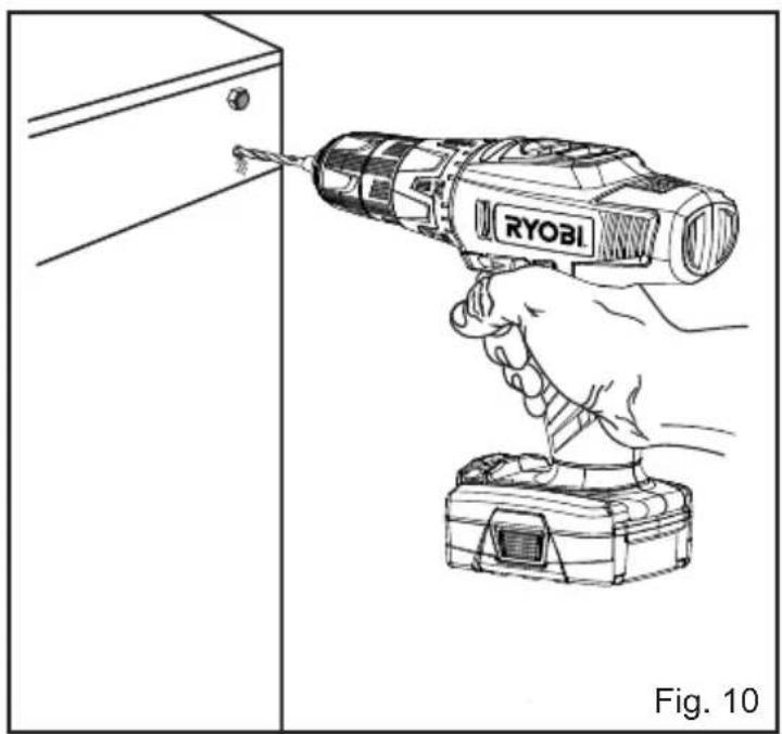 Hand using a RIY OBI tool to lift a wall-mounted component, labeled Fig. 10 (no text on diagram)