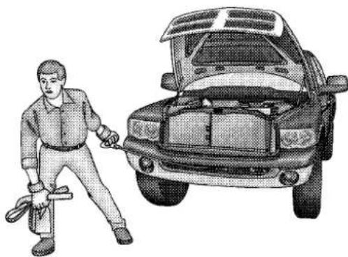 Illustration of a mechanic using a tool to lift a car into the hood (no text or symbols present)