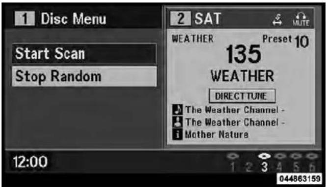 1 Disc Menu Start Scan Stop Random 2 SAT WEATHER Preset 10 135 WEATHER DIRECT TUNE The Weather Channel - The Weather Channel - Mother Nature 12:00 044863159