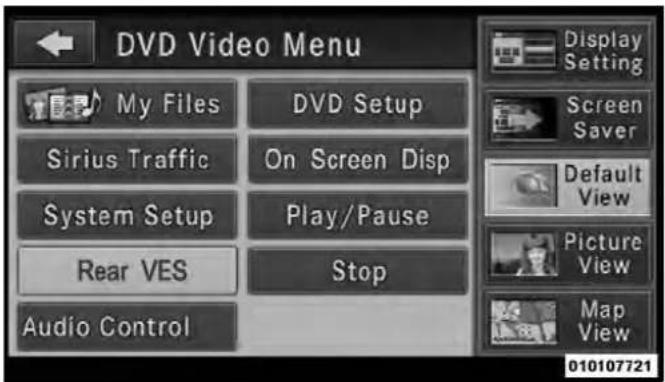 DVD Video Menu My Files DVD Setup Sirius Traffic On Screen Disp System Setup Play/Pause Rear VES Stop Audio Control Display Setting Screen Saver Default View Picture View Map View 010107721