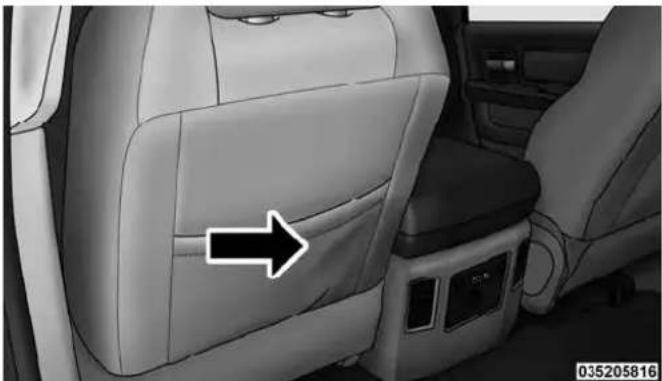 Interior view of a car showing the rear seat, backrest, and side panel with a white arrow pointing to the side panel (no text or symbols visible)