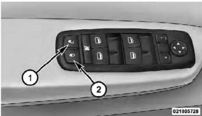 Diagram of a car's front panel with labeled buttons and control buttons, showing two numbered positions.