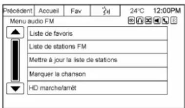 Précédent Accueil Fav 24°C 12:00PM Menu audio FM Liste de favoris Liste de stations FM Mettre à jour la liste de stations Marquer la chanson HD marche/arrêt