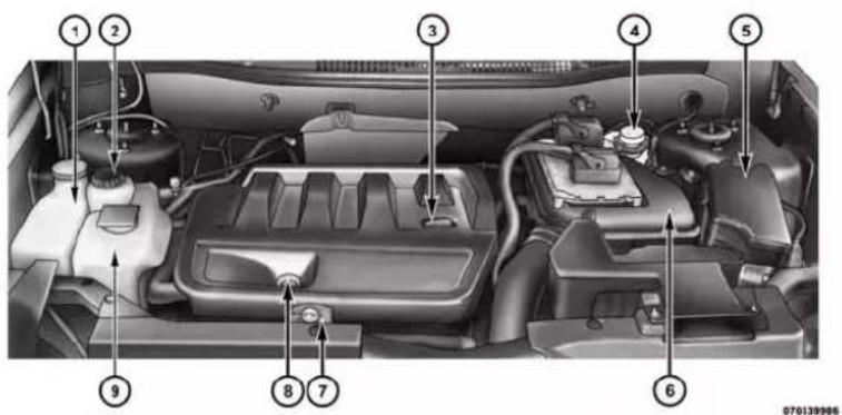 Labeled diagram of a car engine bay with numbered parts for identification