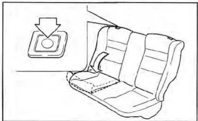 Line drawing of a seatbelt seat with a circular button and a downward arrow indicating loading or dislocation (no text or symbols)
