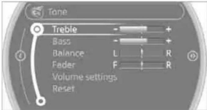 Tone Treble Bass Balance Fader Volume settings Reset