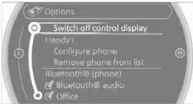 Options Switch off control display Handy1 Configure phone Remove phone from list Bluetooth® (phone) Bluetooth® audio Office