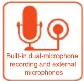 Built-in dual-microphone recording and external microphones