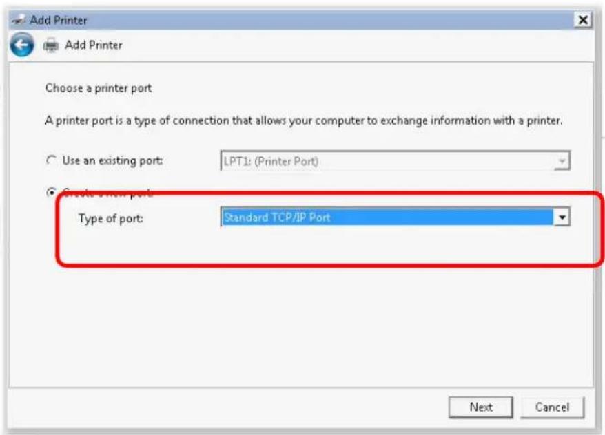 Draytek Vigor 2760 - In this dialog, choose Create a new port. In the field of Type of port, use the drop down list to select Standard TCP/IP Port. Then, click Next. - 1