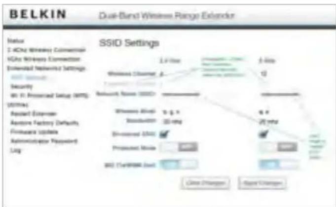 BELKIN Dual-Band Wireless Range Extender Status 2. ICHN Wireless Connection HGAs Wireless Connection Extended Network Settings 100 MHz Security 80 Hz Preserved Setup (MPS) [0/0/1A] Record Exchange Autone Factory Default, Hardware Update Automotive Password Log SSID Settings 1.4 GHz 2.5 GHz Wireless Channel: 2 Network Name: 00000 Wireless Altial: 0.6 x Standard: 32 ring Divested Altial: Proposed Mode: 802.14e-0000000000 Color Changes Signal Changes