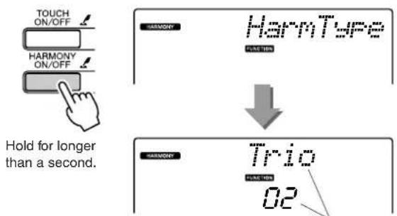 YAMAHA PSR-E403 - Press and hold the [HARMONY ON/OFF] button for longer than a second so that the Harmony Type item appears. - 1