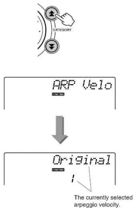YAMAHA PSR-E403 - Press the CATEGORY [▲ and [ ] buttons as many times as necessary to select the arpeggio velocity function "ARP Velo". - 1
