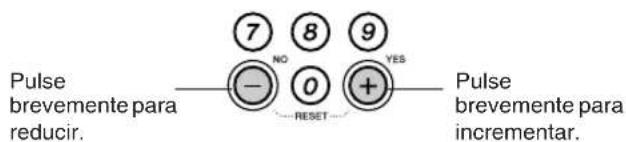 Pulse brevemente para reducir. 7 8 9 - 0 + RESET YES Pulse brevemente para incrementar.