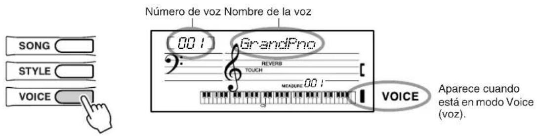 Número de voz Nombre de la voz SONG STYLE VOICE 001 GrandPro REVERB TOUCH MEASURE 001 VOICE Aparece cuando está en modo Voice (voz).