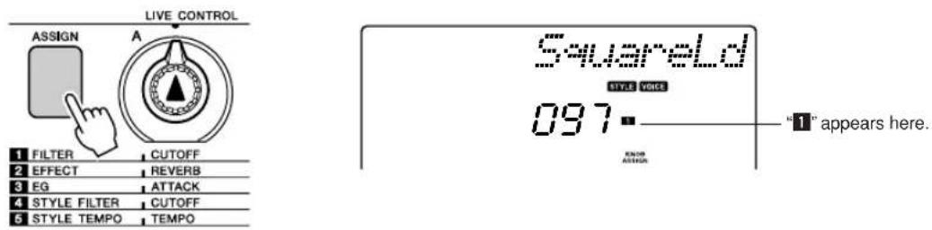 YAMAHA PSR-E413 - Press the [ASSIGN] button as many times as necessary to select "1 FILTER" ("1" will appear in the display). - 1