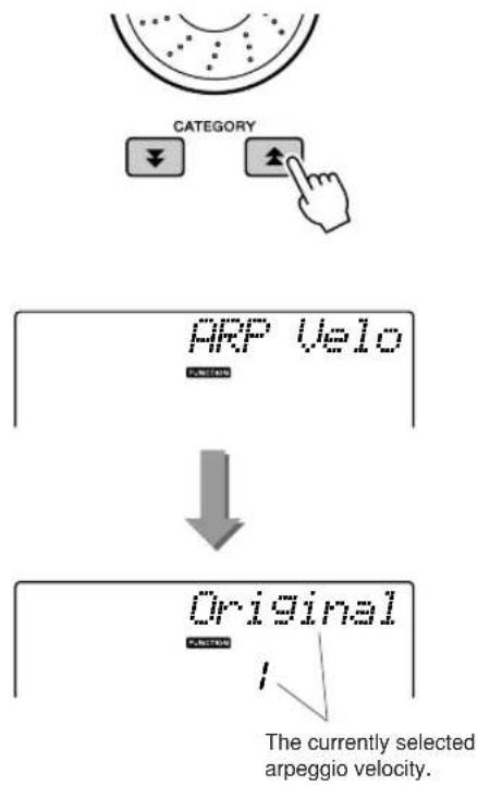 YAMAHA PSR-E413 - Press the CATEGORY [4] and [ ] buttons as many times as necessary to select the arpeggio velocity function "ARP Velo". - 1