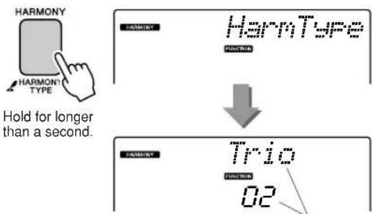 YAMAHA PSR-E413 - Press and hold the [HARMONY] button for longer than a second so that the Harmony Type item appears. - 1