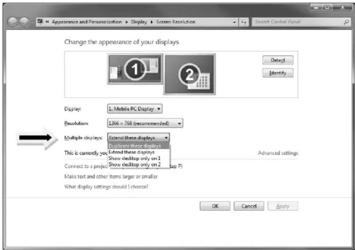 Appearance and Personalization ▶ Display ▶ Screen Resolution Search Control Panel Change the appearance of your displays Display: 1. Mobile PC Display Resolution: 1366 x 768 (recommended) Multiple displays: Extend these displays Duplicate these displays This is currently you Extend these displays Show desktop only on 1 Show desktop only on 2 Connect to a project (Tap P) Make text and other items larger or smaller What display settings should I choose? Detect Identify Advanced settings OK Cancel Apply