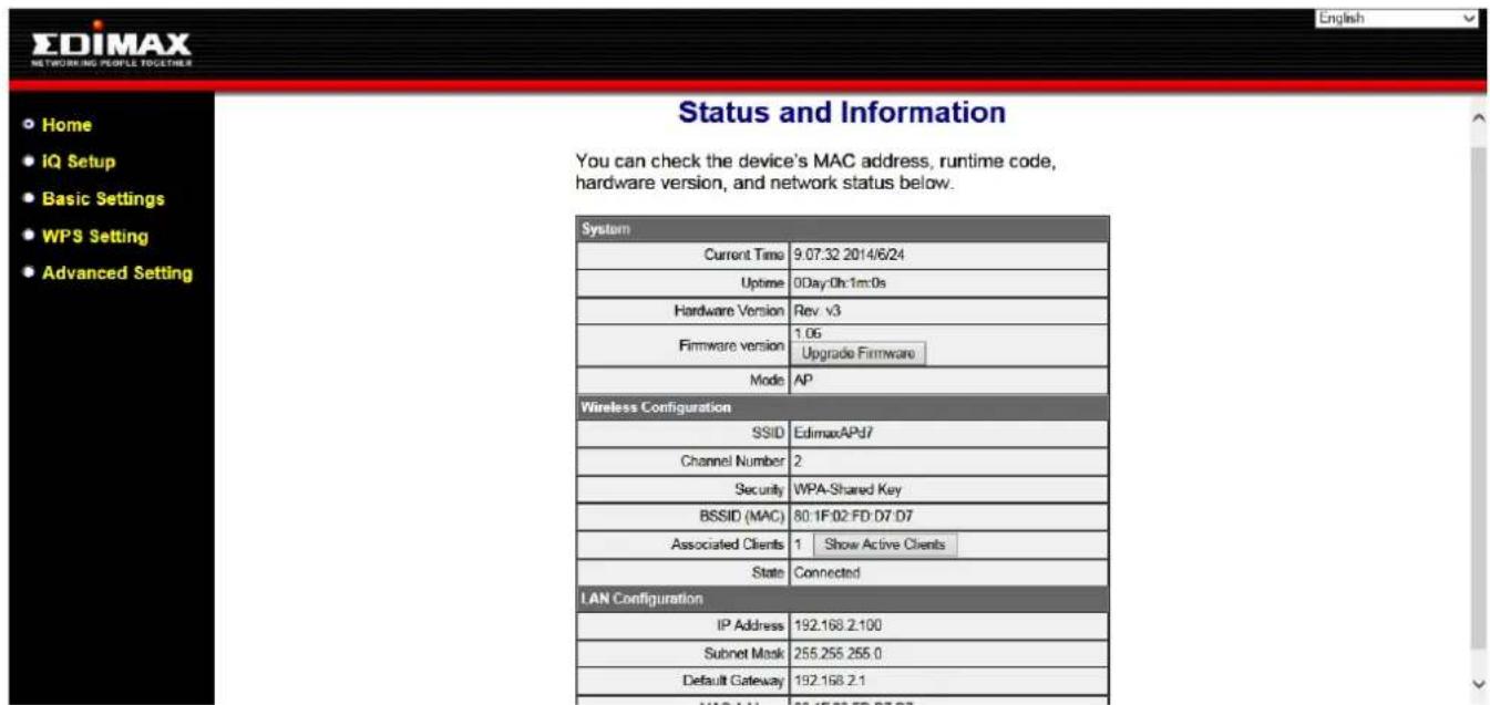 Edimax EW-7438RPn - You will arrive at the "Status and Informaon" screen. Use the menu down the le side to navigate. - 1