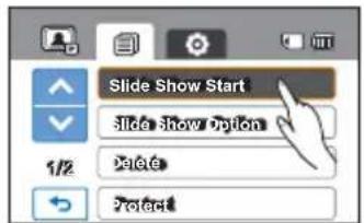 SAMSUNG HMX-H200LP - Touchez l'onglet Menu (MENU) → « Slide Show Start » (Démarrer diaporama). - 1