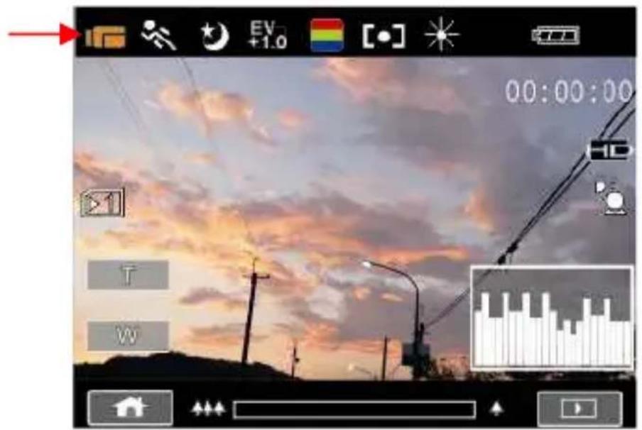 Screenshot of a digital camera interface showing time, date, and UI elements like camera mode, battery, and histogram.