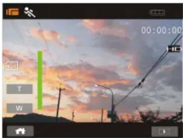 Screenshot of a mobile phone interface showing status bar, timecode, and navigation controls over a sunset sky with utility poles and streetlights.