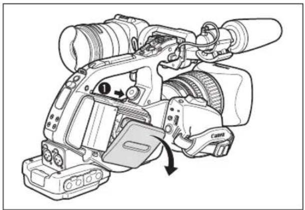 CANON XLH H1S - Slide the ⬆EJECT switch to open the cassette compartment cover. - 1