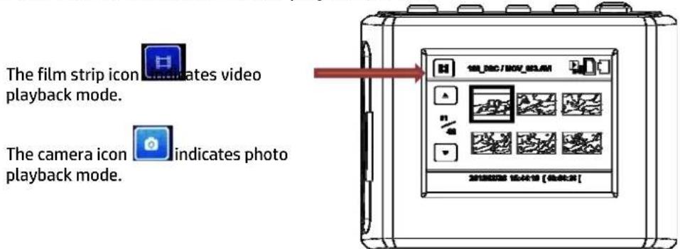 The film strip icon indicates video playback mode. The camera icon indicates photo playback mode.