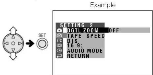 SHARP VL-NZ100U - Press ▽ or △ on the Operation button to select the desired menu screen (☐), then press the SET button. - 1