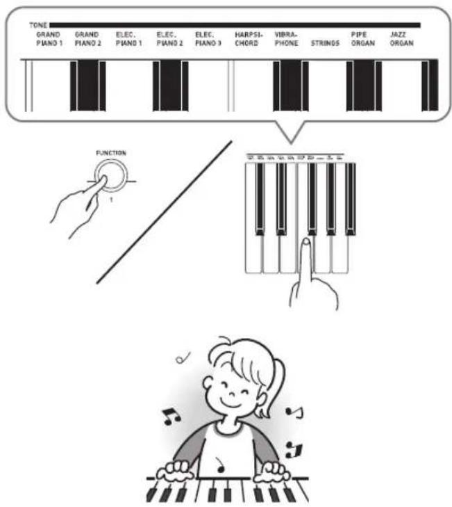TONE GRAND PIANO 1 GRAND PIANO 2 ELEC. PIANO 1 ELEC. PIANO 2 ELEC. PIANO 3 HARPSI- CHORD VIBRA- PHONE STRINGS PIPE ORGAN JAZZ ORGAN FUNCTION 0.5000000000=1.6
