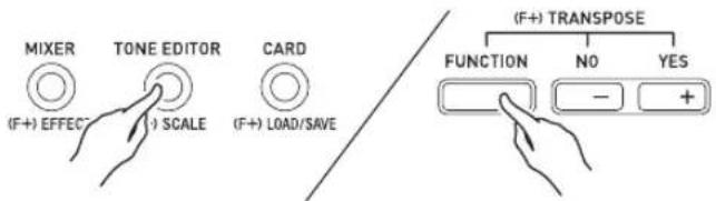 MIXER (TONE EDITOR) (F+) EFFECT (SCALE) CARD (F+) LOAD/SAVE (F+) TRANSPOSE FUNCTION NO YES - + +
